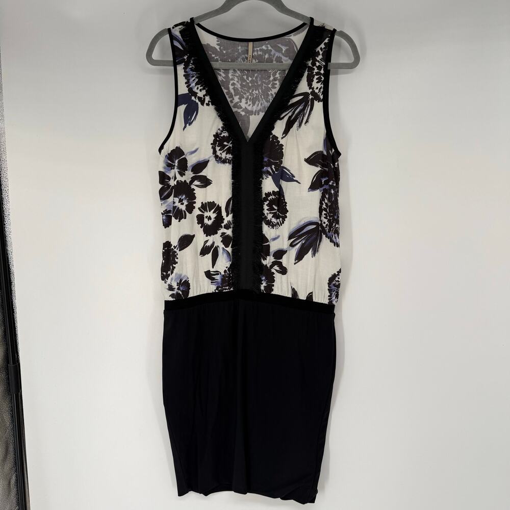 Indies Floral Fringed Blouson  Dress Womens FR 40 Sz 8 Black White Cottage